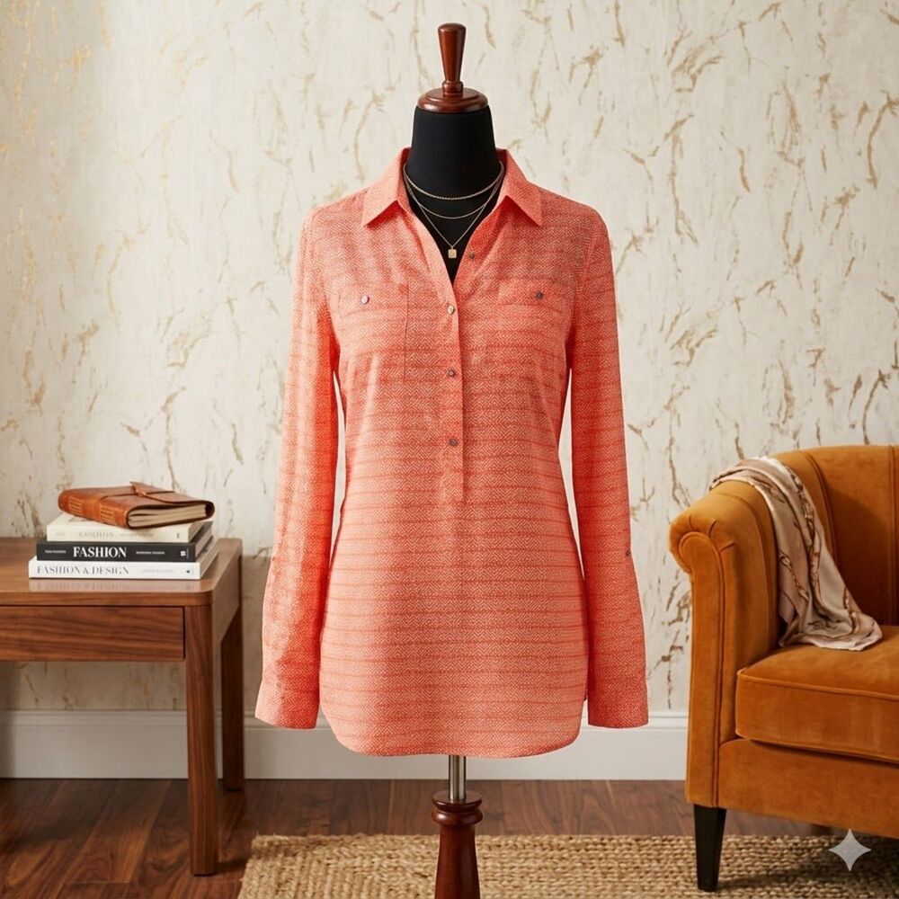 Liz Claiborne Vibrant Coral Geometric Roll-Tab Sleeve Blouse - Size Small
